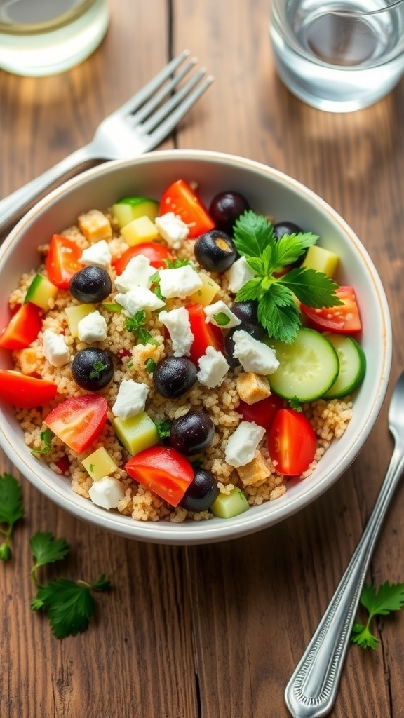 A colorful Mediterranean quinoa bowl with quinoa, tomatoes, cucumber, olives, and feta on a wooden table.